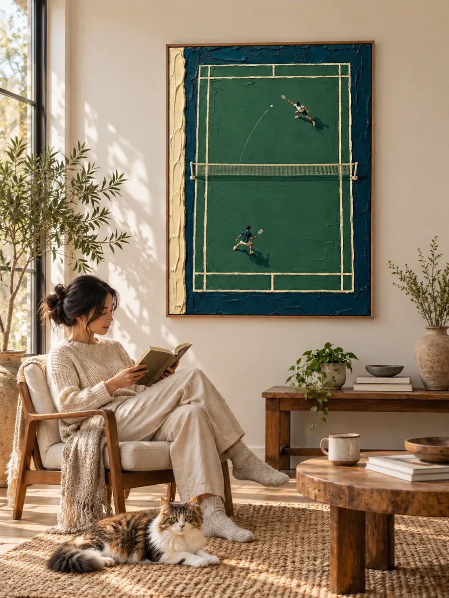 Badminton Match Impasto Canvas Painting With Green Court And Textured Strokes