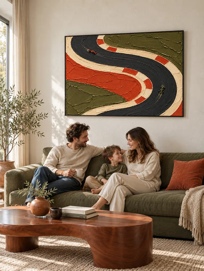 F1 Racing Track Impasto Canvas Painting With Orange And Green