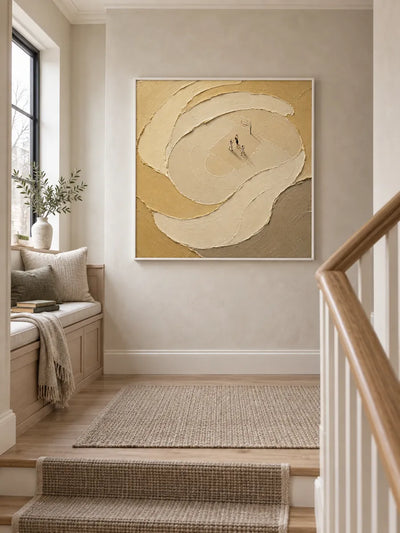 Basketball Themed Textured Canvas Painting In Beige And Gold Tones For Modern Sports Decor