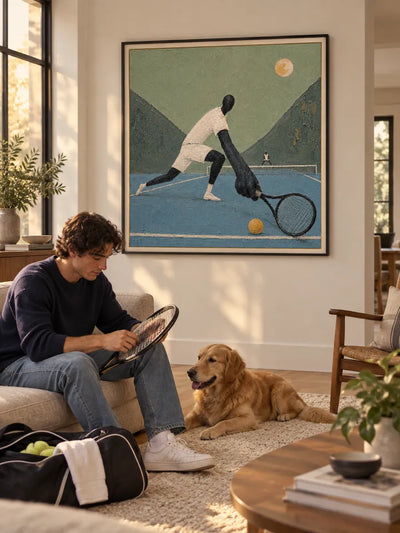 Surreal Tennis Player Canvas Painting With Giant Limbs And Textured Court