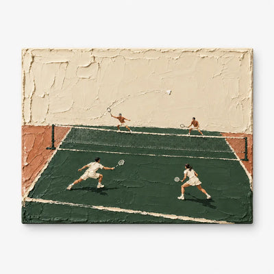 Hand-Painted Badminton Court Art With Impasto Texture In Green And Beige
