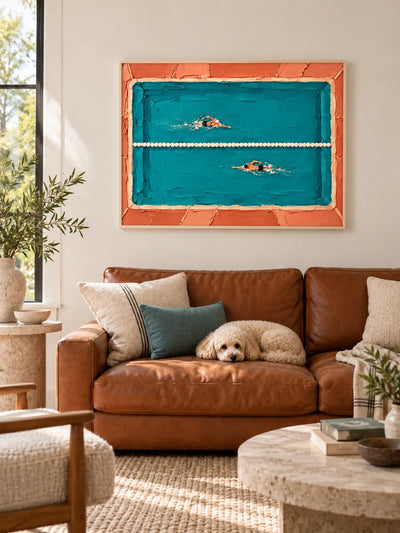 Swimming Pool Impasto Canvas Painting Hand-Painted Sport Art In Blue And Orange