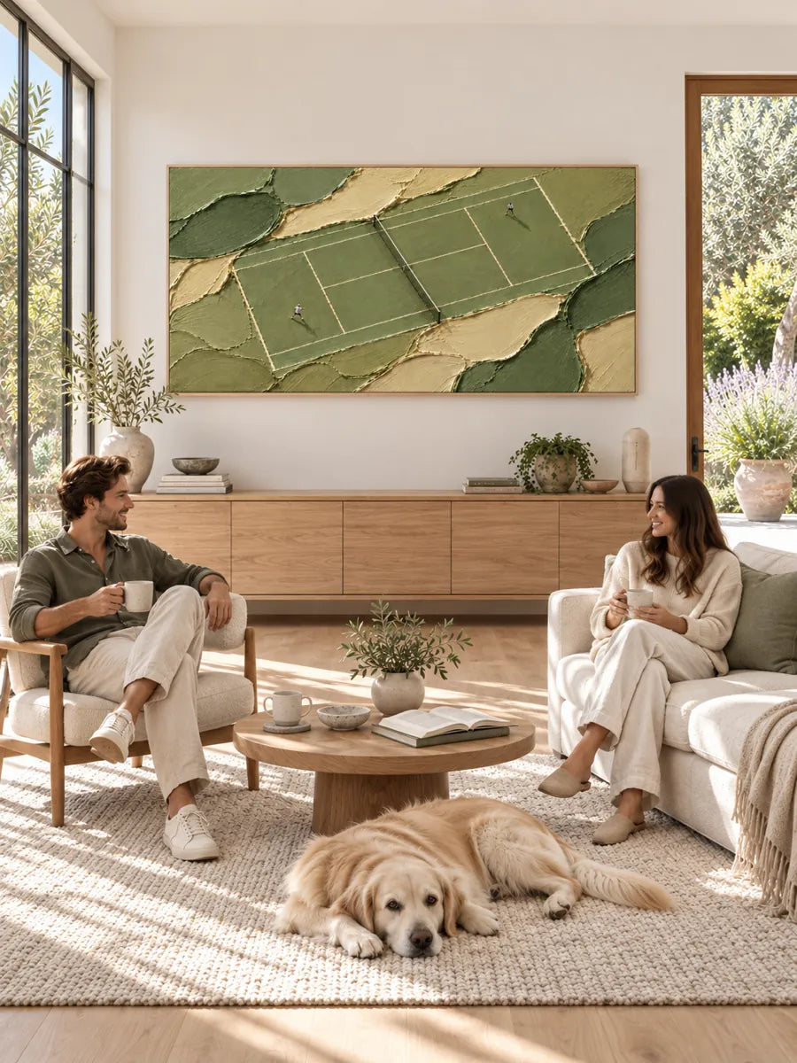 Tennis Match Canvas Painting With Miniature Figures In Green And Beige