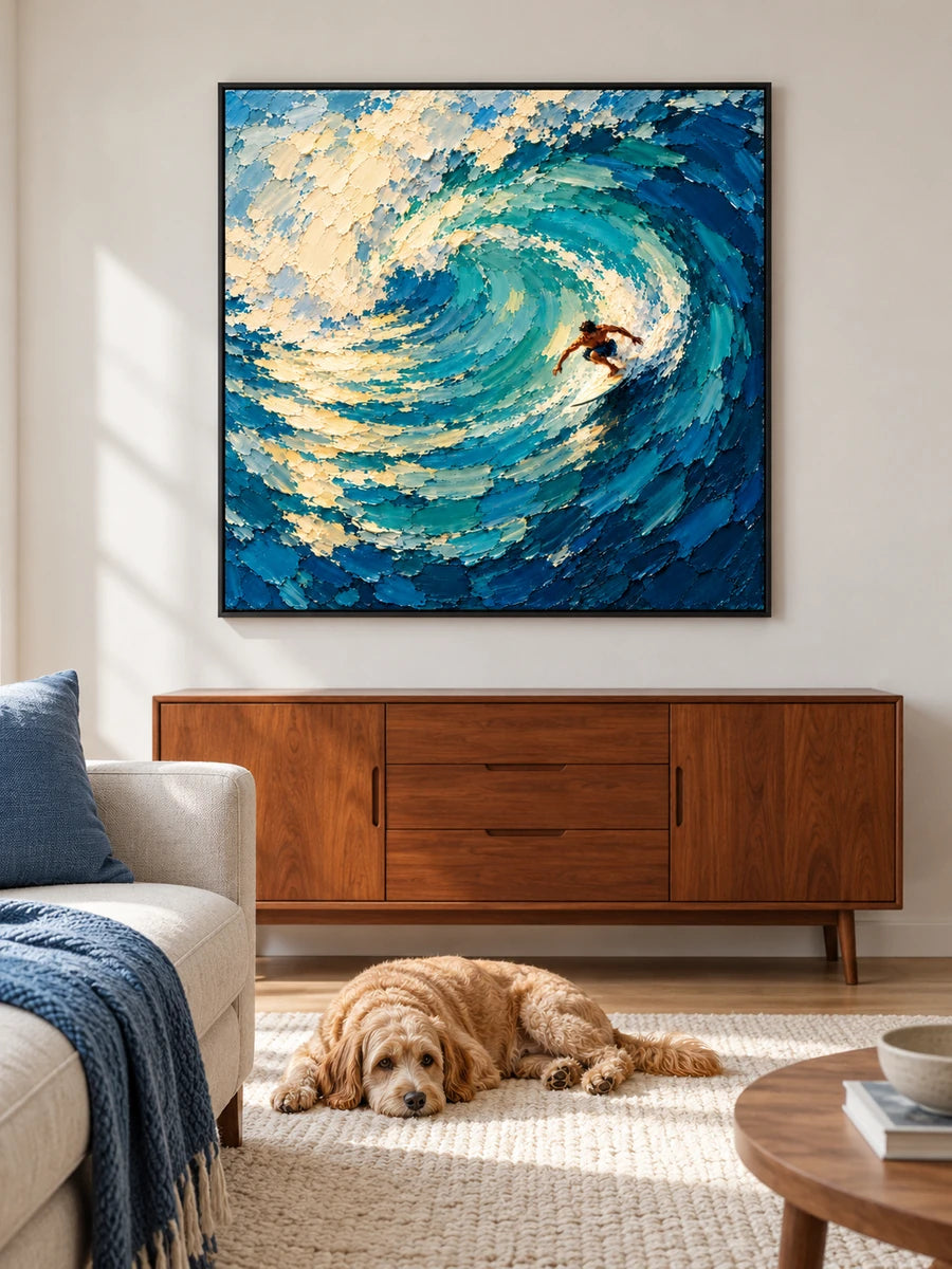 Surfer In Wave Canvas Painting Hand-Painted Blue And Gold Ocean Art