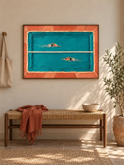 Swimming Pool Impasto Canvas Painting Hand-Painted Sport Art In Blue And Orange