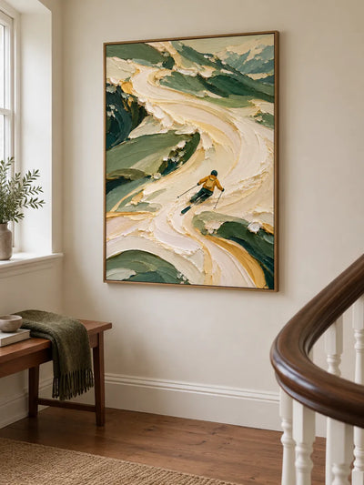 Hand-Painted Skier In Mountains Impasto Canvas Art With Green And White Tones