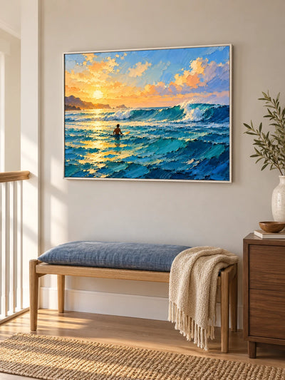Surfer At Sunset Hand-Painted Canvas Wall Art With Ocean Waves
