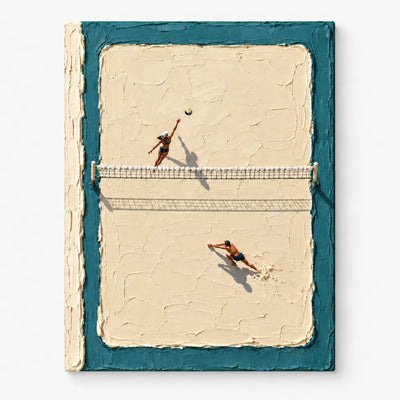 Hand-Painted Beach Volleyball Canvas Art With Thick Impasto肌理 In Blue And Beige