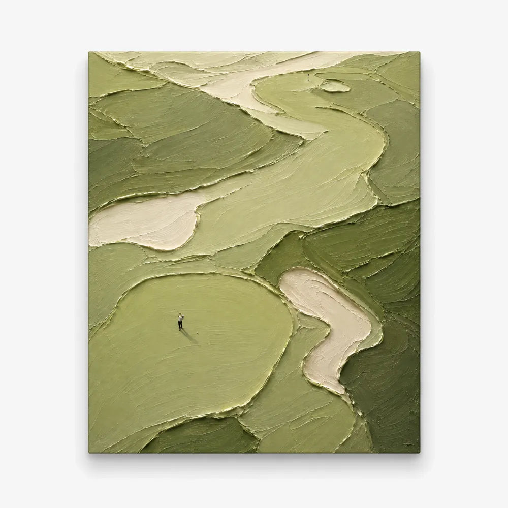 Hand-Painted Golf Course Canvas Art With Impasto Texture In Green And Beige