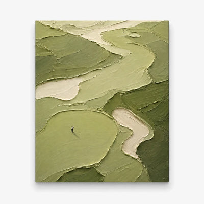 Hand-Painted Golf Course Canvas Art With Impasto Texture In Green And Beige