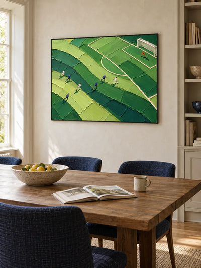 Hand-Painted Football Match Canvas Art With Bold Impasto Texture In Green