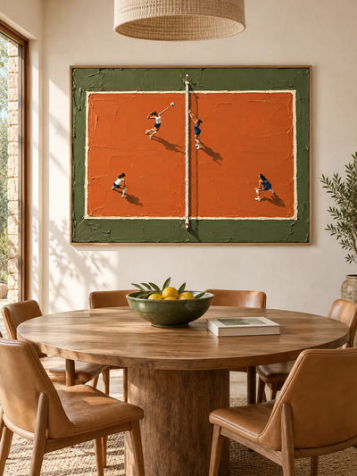 Hand-Painted Volleyball Match Canvas Art With Orange Clay Court And Impasto Texture