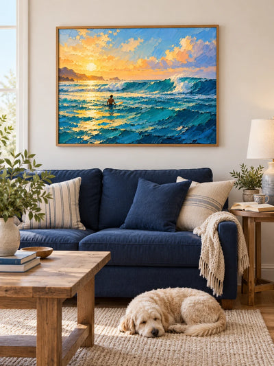 Surfer At Sunset Hand-Painted Canvas Wall Art With Ocean Waves