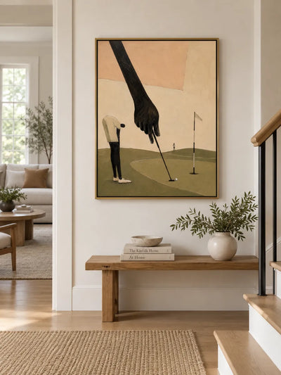 Surrealist Golf Painting With Giant Hand Original Canvas Art