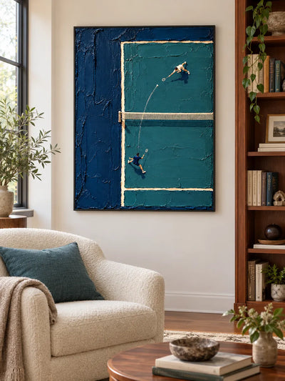 Badminton Impasto Canvas Painting With Blue Green Textured Motion For Sports Lovers