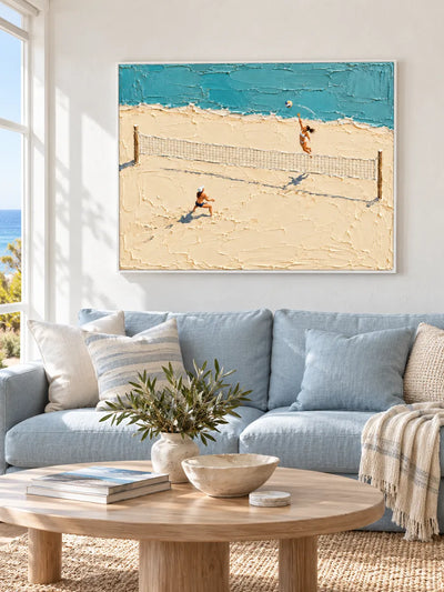 Hand-Painted Beach Volleyball Art With Thick Impasto Texture On Canvas