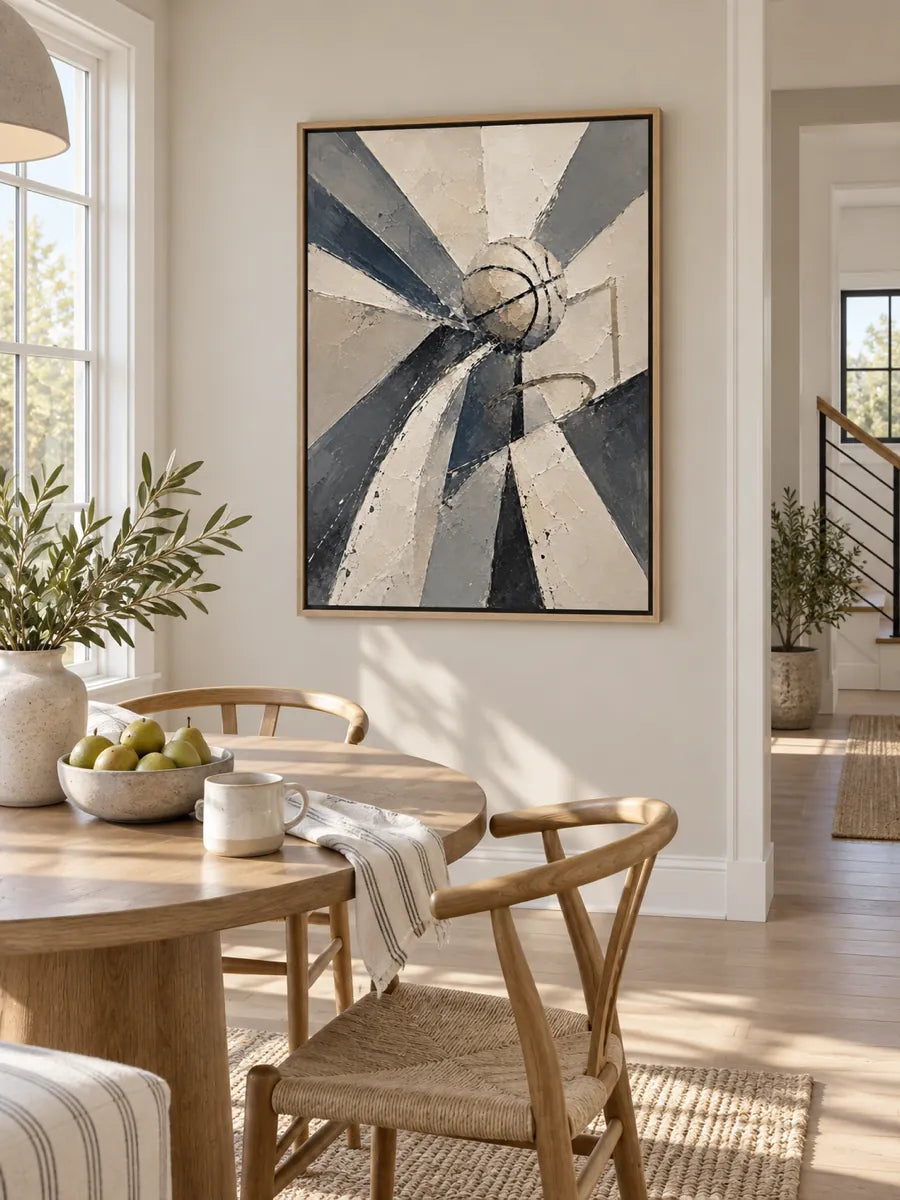 Abstract Basketball Canvas Painting With Geometric Motion In Beige And Black