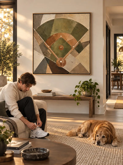 Abstract Baseball Diamond Canvas Painting In Earthy Green And Brown Tones For Modern Sports Decor
