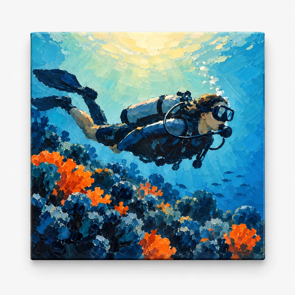Impressionist Scuba Diver Canvas Painting With Coral Reef In Blue And Orange