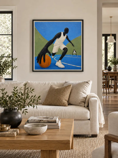 Abstract Basketball Player Canvas Painting With Giant Hand In Blue And Orange