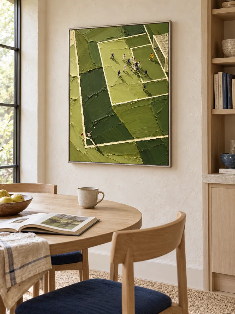 Hand-Painted Football Match Impasto Canvas Art With Green Pitch