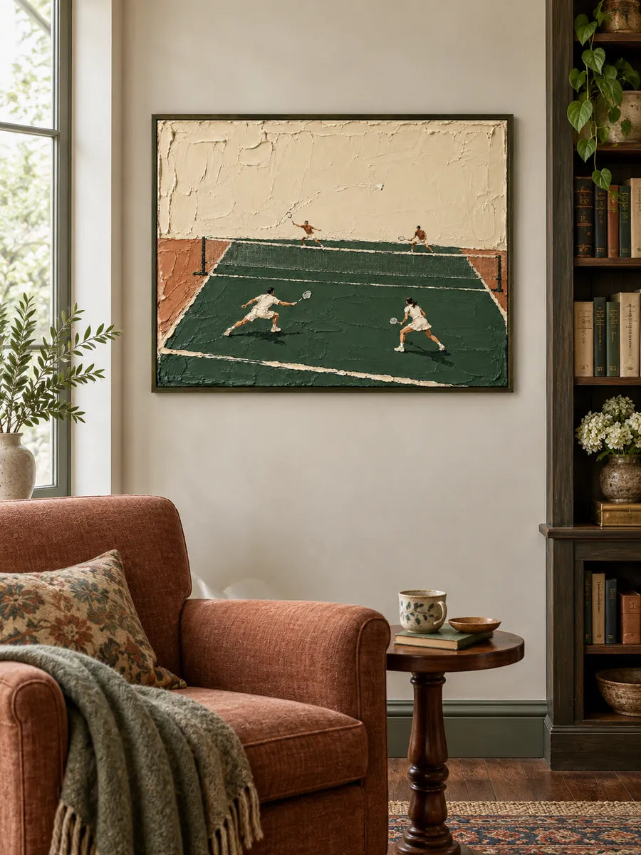 Hand-Painted Badminton Court Art With Impasto Texture In Green And Beige