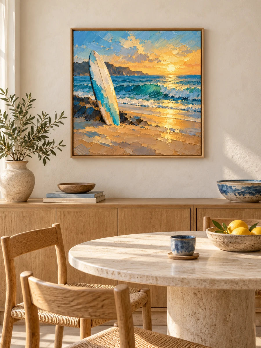 Surfboard At Sunset Impressionist Beach Canvas Painting