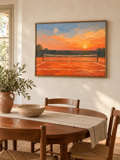 Impressionist Tennis Court Painting Hand-Painted Orange Clay Court Wall Art