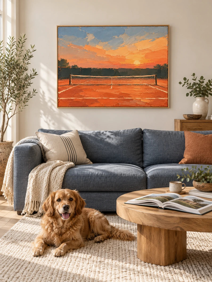 Impressionist Tennis Court Painting Hand-Painted Orange Clay Court Wall Art