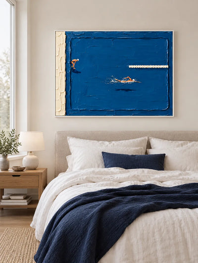 Swimming Pool Impasto Canvas Painting Hand-Painted Blue White Sport Art