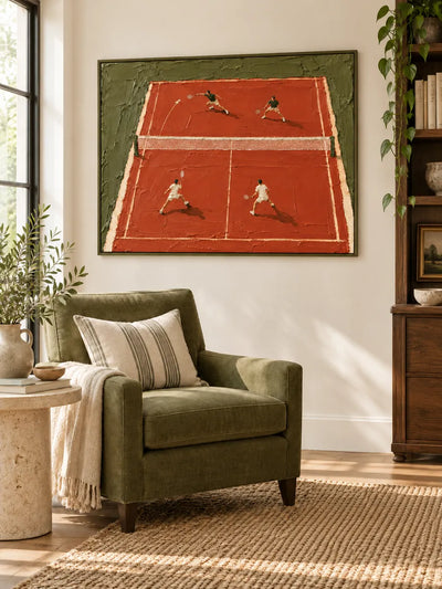 Modern Impasto Sports Painting Of Doubles Match On Clay Court