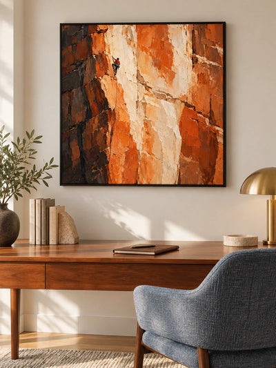 Impressionist Rock Climbing Canvas Painting With Orange Cliff