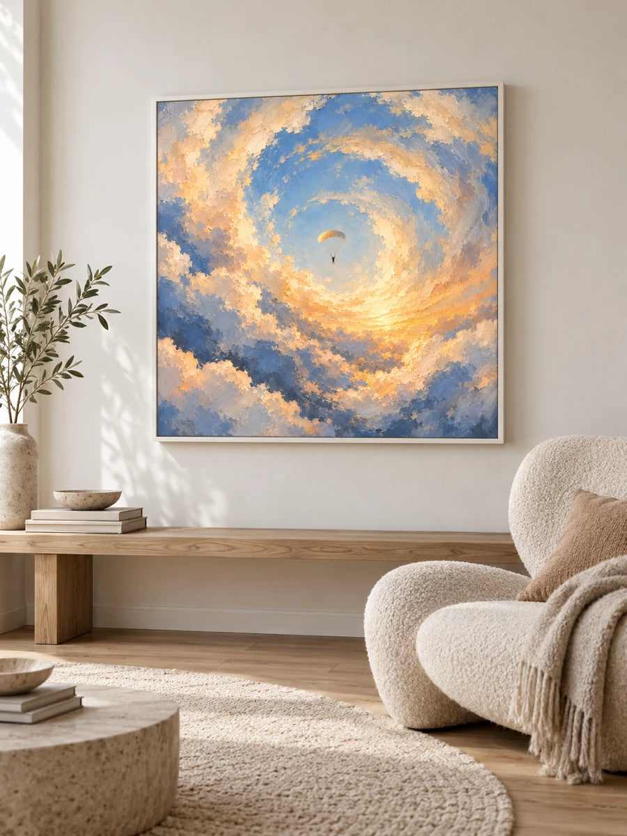 Impressionist Skydiving Canvas Painting With Swirling Blue And Gold Clouds