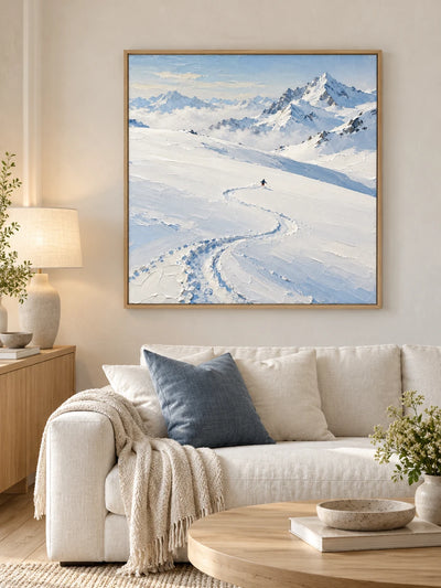 Hand-Painted Skiing Art Canvas Painting White Mountain Landscape Original Wall Art