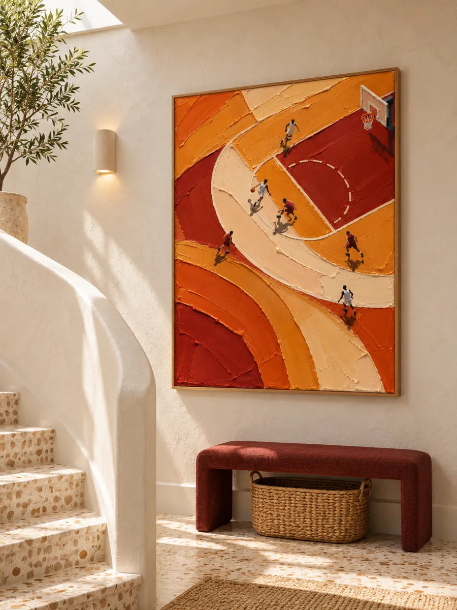 Hand-Painted Basketball Court Art With Bold Orange Impasto Texture