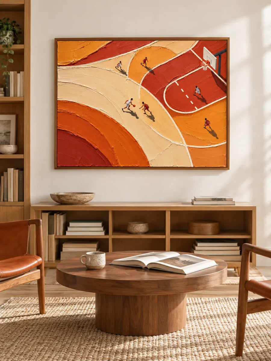Hand-Painted Basketball Court Art With Orange Impasto Texture For Sports Fans