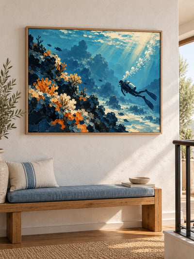 Scuba Diver And Coral Reef Impressionist Canvas Painting In Blue And Orange