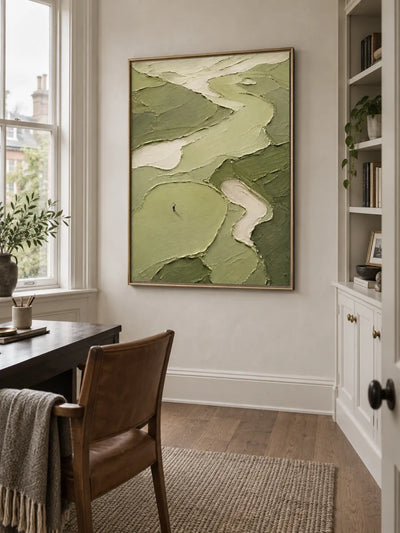 Hand-Painted Golf Course Canvas Art With Impasto Texture In Green And Beige