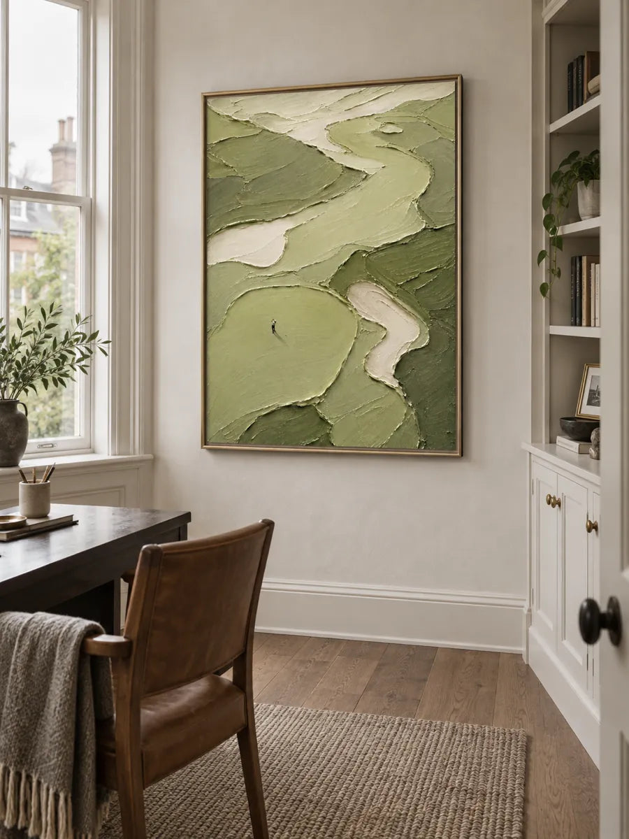 Hand-Painted Golf Course Canvas Art With Impasto Texture In Green And Beige