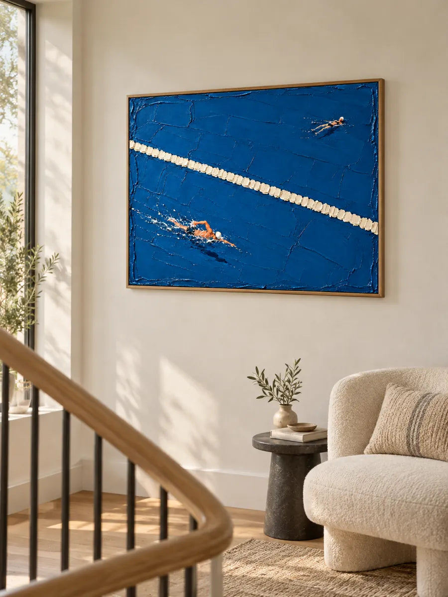Swimming Pool Impasto Canvas Painting Hand-Painted Blue Sports Art