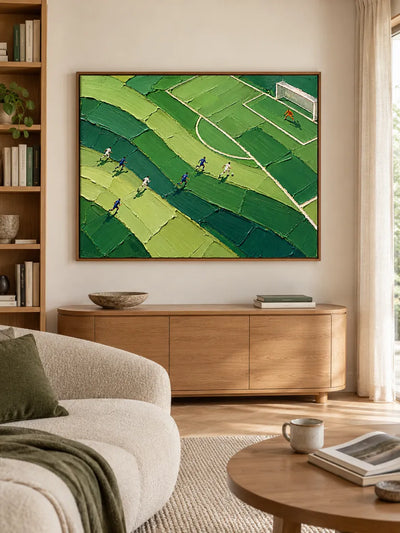 Hand-Painted Football Match Canvas Art With Bold Impasto Texture In Green
