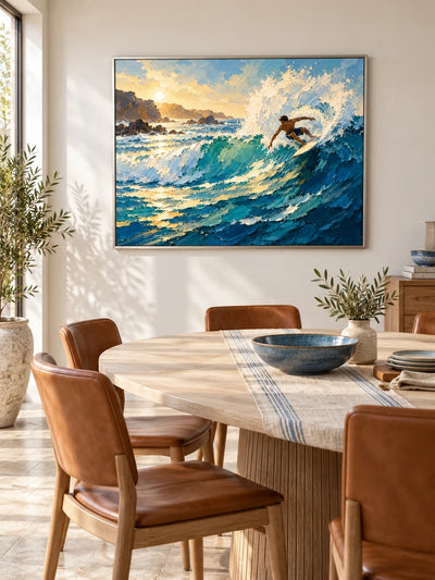 Surfer On Wave Hand-Painted Canvas Art In Blue And Gold