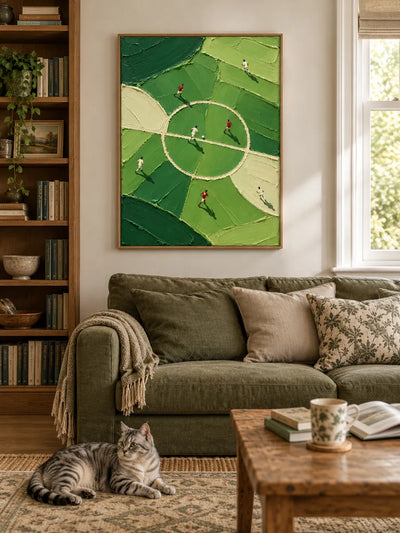 Hand-Painted Football Canvas Art With Green Impasto Texture For Sports Fans