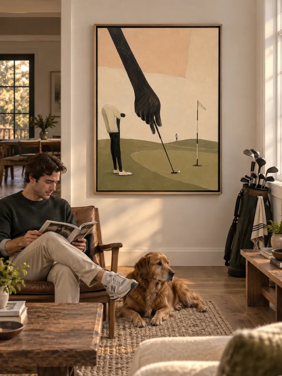 Surrealist Golf Painting With Giant Hand Original Canvas Art