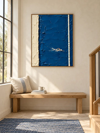 Hand-Painted Swimming Art With Heavy Impasto Texture On Blue Canvas