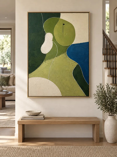 Abstract Golf Course Canvas Painting Geometric Sports Wall Art In Green And Blue