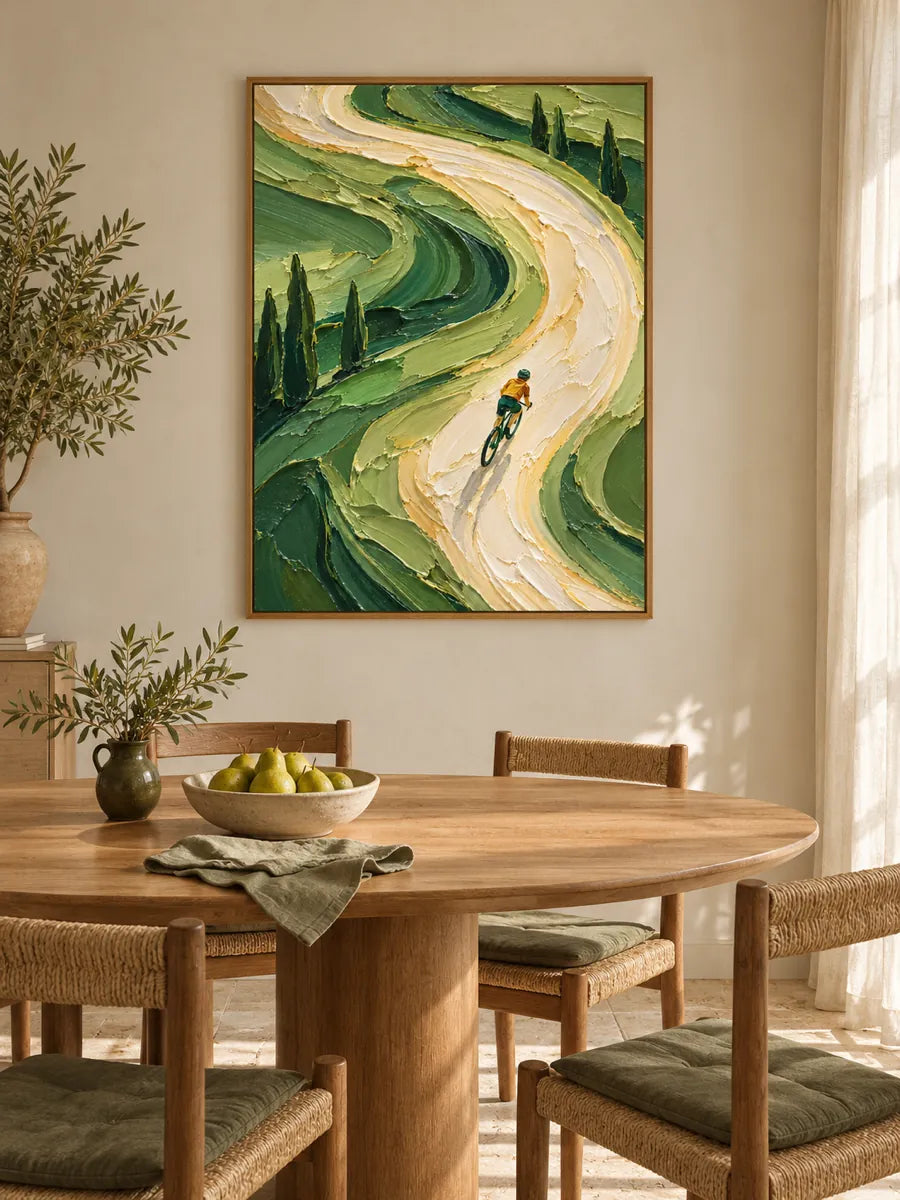 Cyclist On Winding Road Impasto Canvas Painting With Green Hills