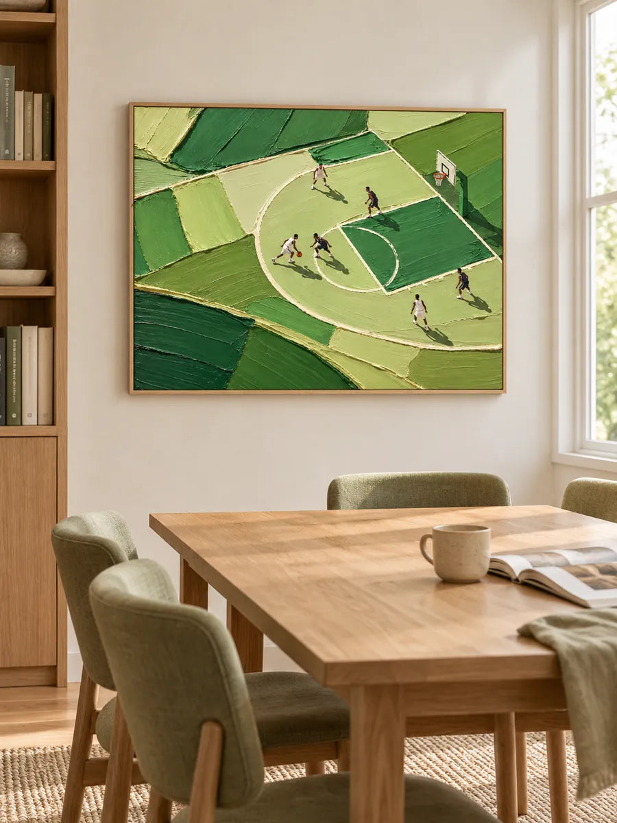 Hand-Painted Basketball Court Art With Green Impasto Texture For Sports Fans