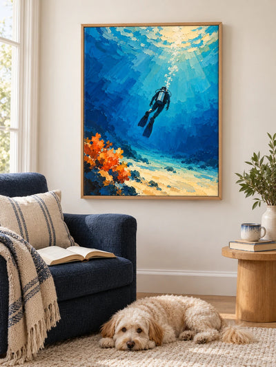 Hand-Painted Scuba Diver Canvas Painting Blue Ocean Impressionist Wall Art