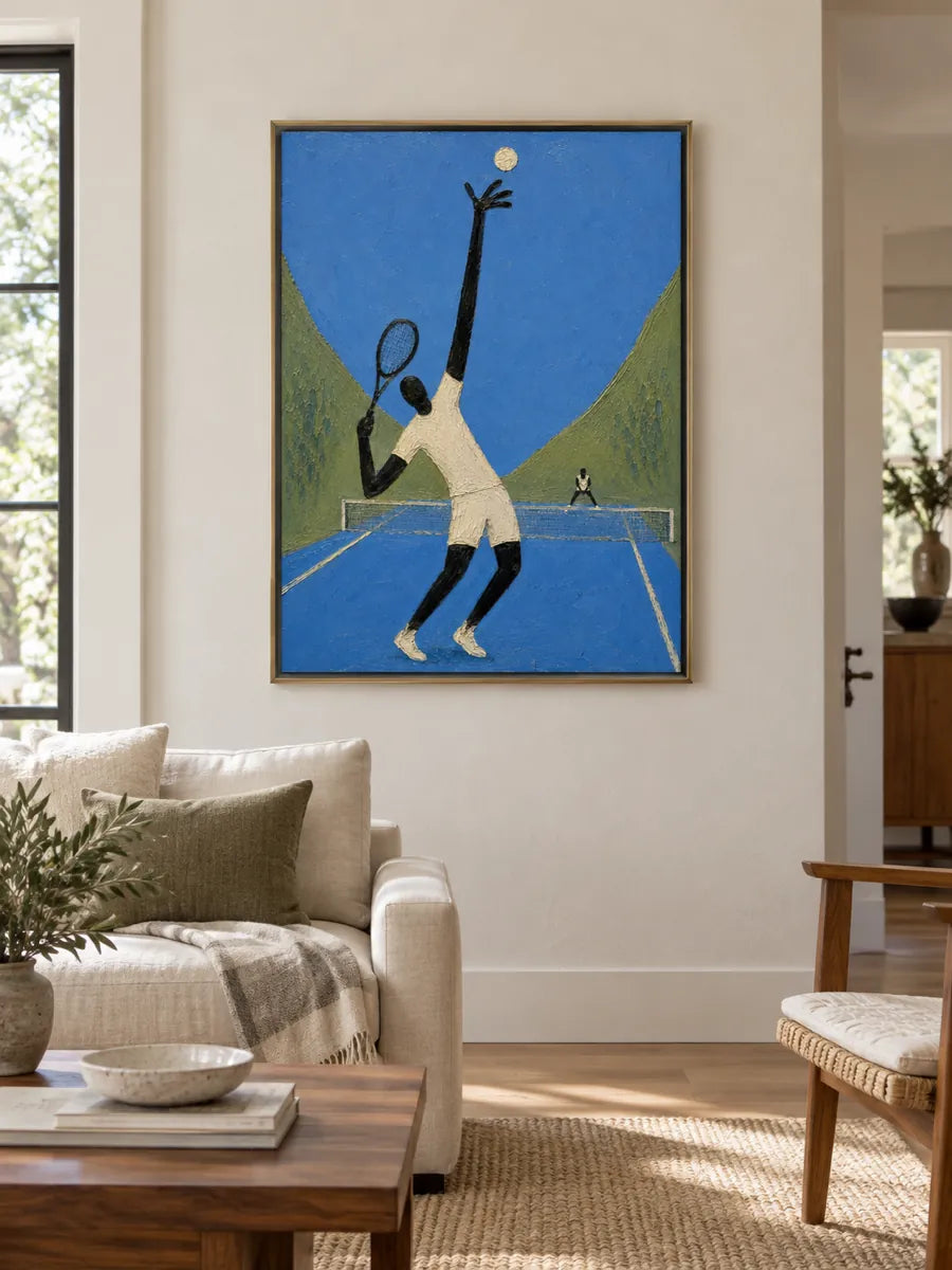 Hand-Painted Tennis Player Art With Giant Figure On Blue Court Canvas